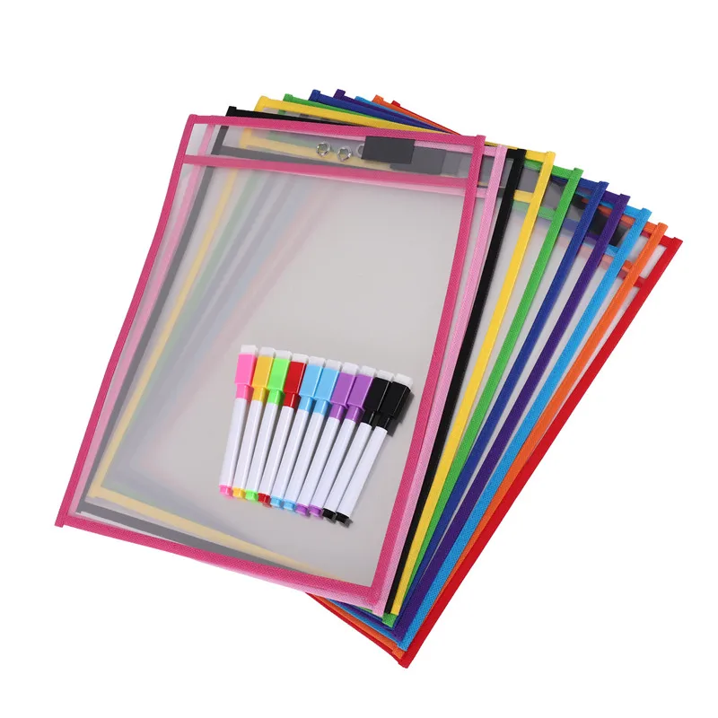 Dry Erase Pockets Sleeves, (10 Pack) A4 Paper Job Ticket Holders, Reusable Dry Erase Sheets For Classroom Worksheets