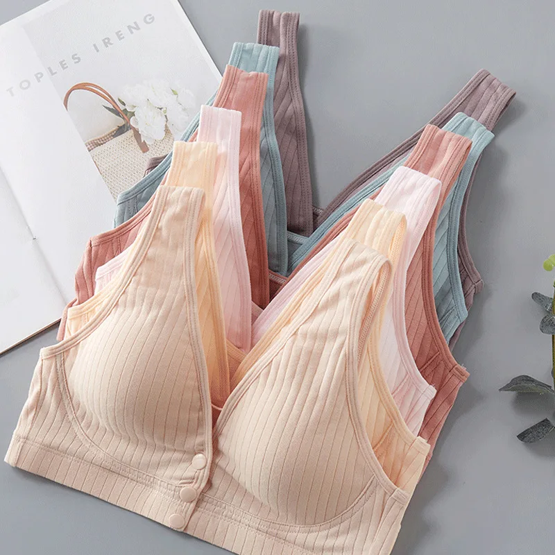 Maternity Cotton BreastFeeding Bra Front Opening Button Nursing Bras Soft Breathable Sleep Underwear Large Size Solid Color Bra