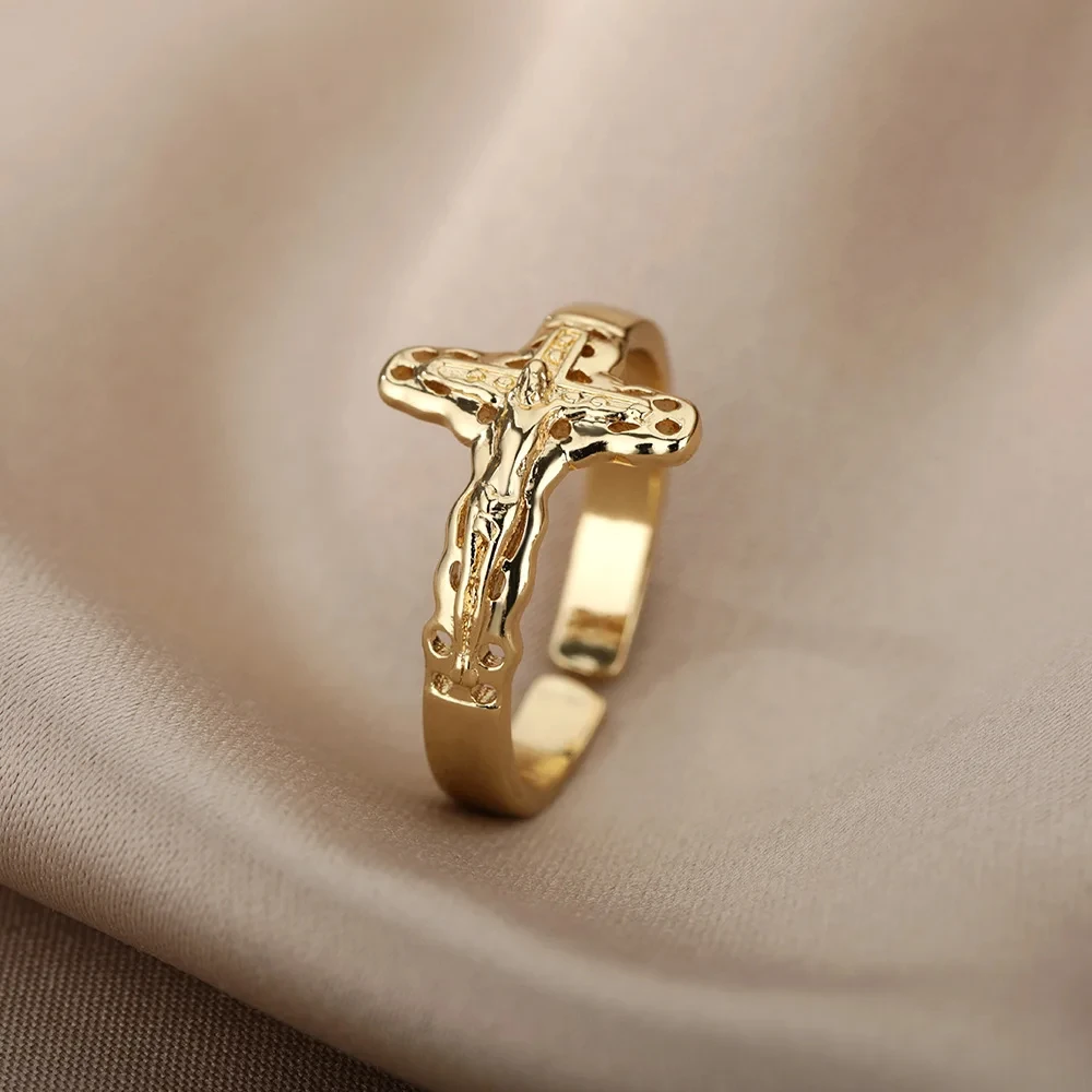 Vintage Jesus Cross Rings For Women Men Gold Color Stainless Steel Jesus Cross Adjustable Ring Religious Party Jewelry Gift