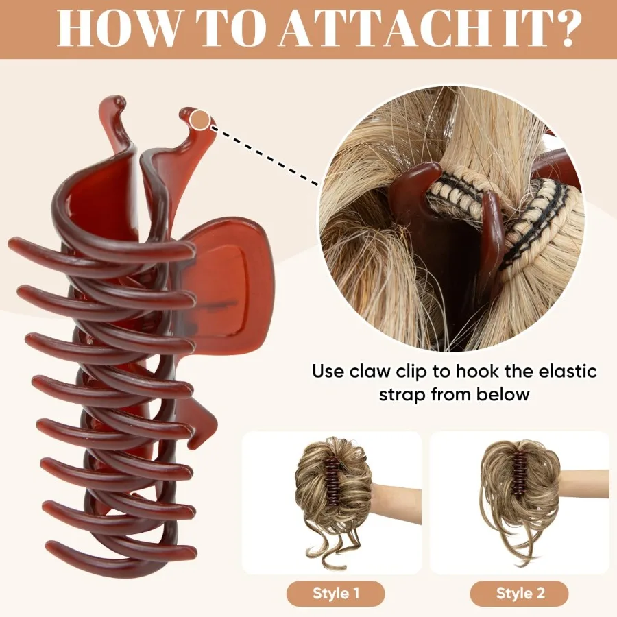 2 قطعة خصلات شعر كعكة فوضوية للنساء مشبك مخلب قابل للفصل قطع شعر صناعية متموجة مجعدة لأوبدوس مع ربطات شعر وهمية Scrunchi #3