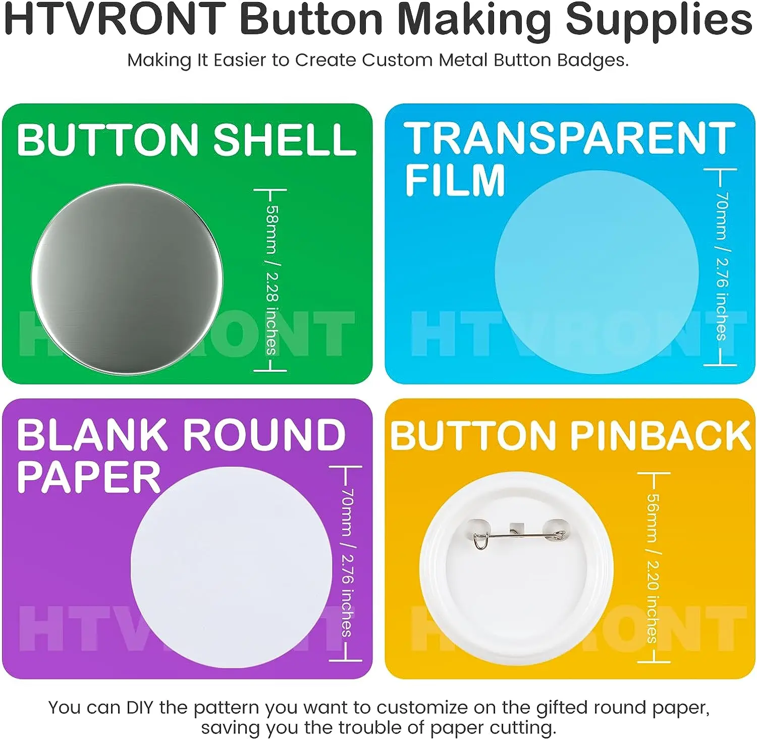 HTVRONT 100 Pcs Plastic Button Pins for Button Maker Machine 58mm Round Badge Making Supplies with Plastic Shell Back Cover