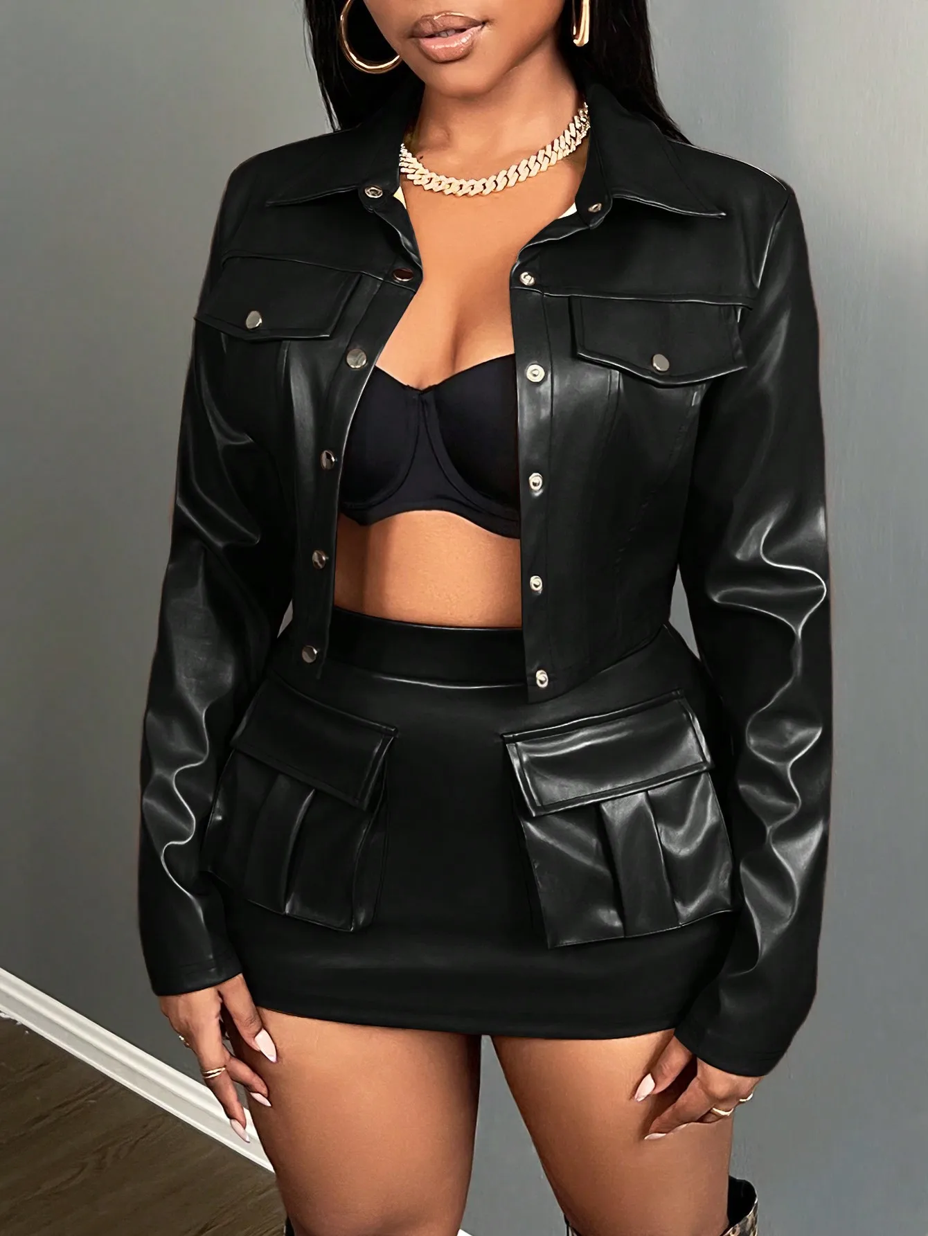 Women's 2-Piece PU Leather Set: Long Sleeve Button-Up Jacket & Cargo Pocket A-Line Mini Skirt
