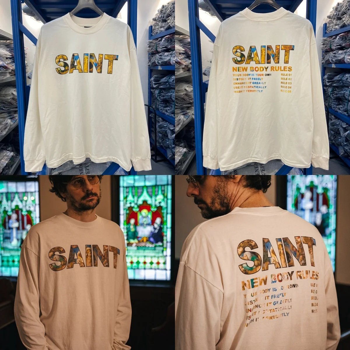 FW25 SAINT Vintage Distressed Long Sleeve T-Shirt Oil Painting Logo Print Men Oversized Cotton T shirt