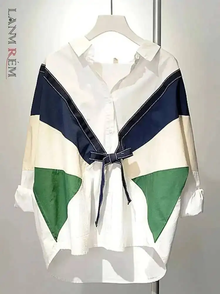 LANMREM Niche Shirt For Women Lapel Long Sleeves Bow Decoration Color Block Female Versatile Top 2025 Spring New 2Z2088