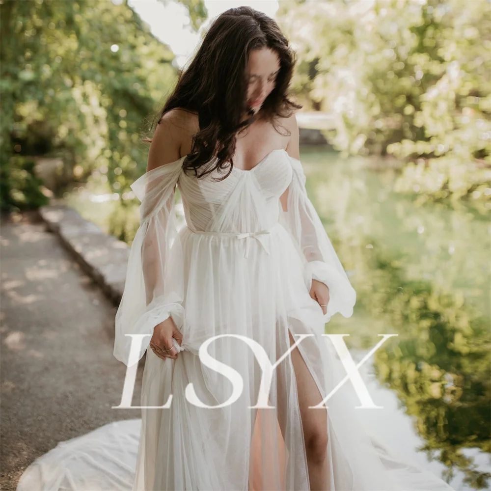 LSYX Puff Sleeves Off-Shoulder Pleat Tulle A-Line Wedding Dress High Side Slit Lace Up Back Court Train Bridal Gown Custom Made