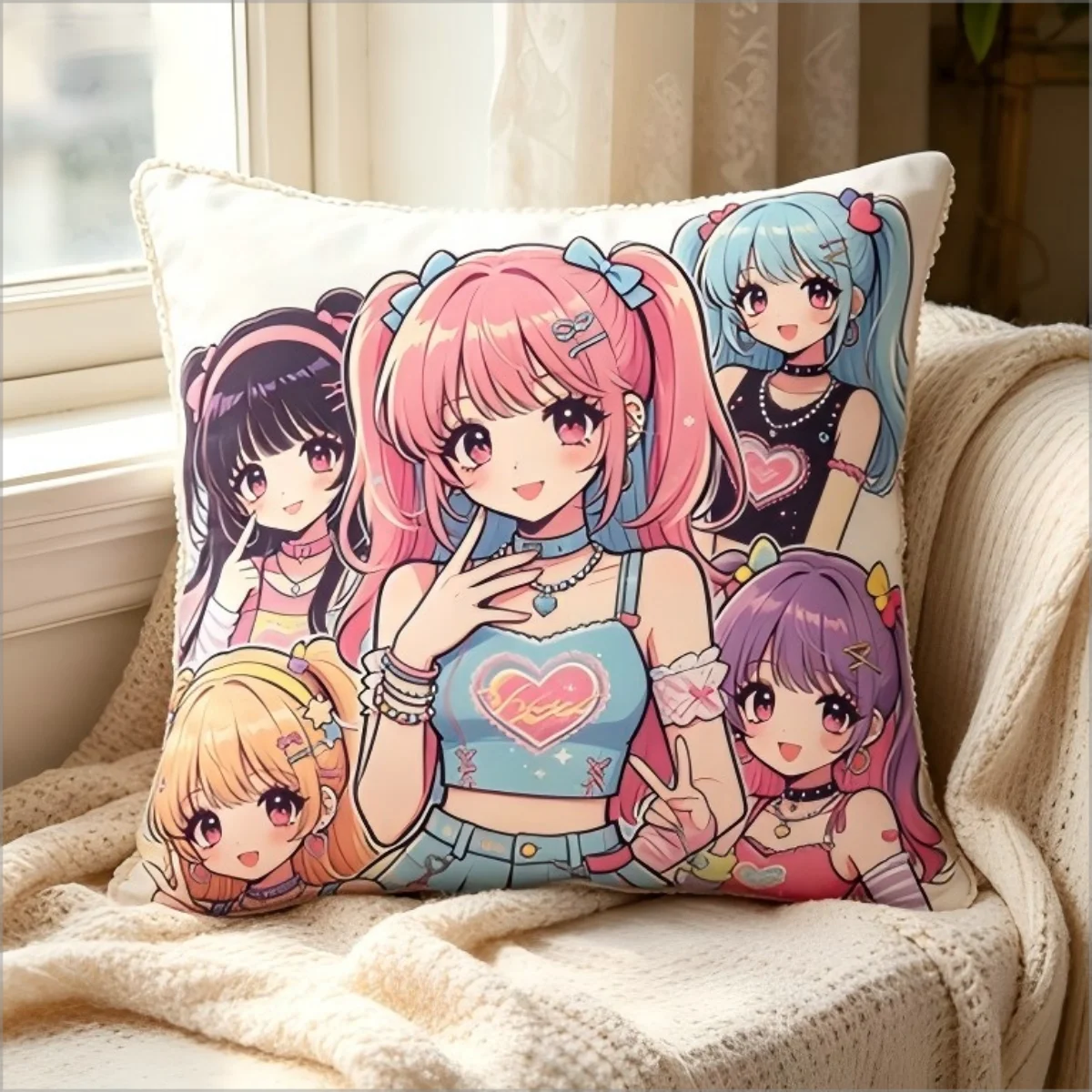 Cute Anime Girl Group Throw Pillow Cover Colorful K-pop Style Y2K Art Decorative Cushion Case for Living Room  Sofa Home Decor