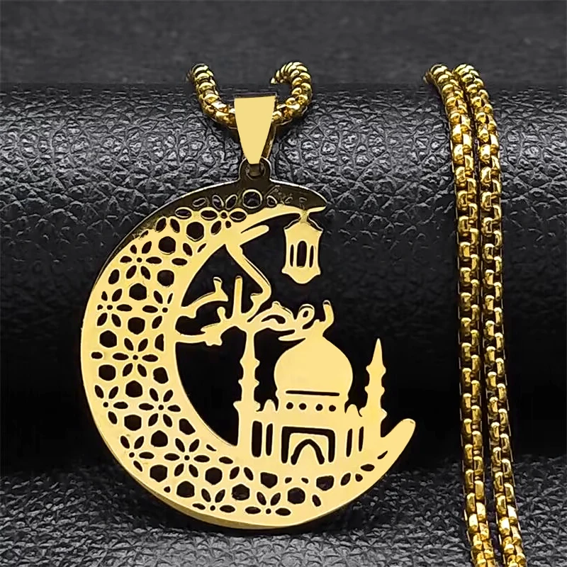 Mosque Muslim Pendant Necklace Stainless Steel Crescent Moon Necklaces Religious Arabic Islam Jewelry chaine homme N6216S01