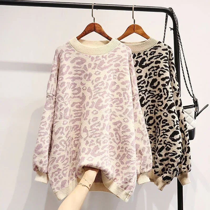 New Fashion Women's Sweater Autumn and Winter Knitted Loose Leopard Round Neck Pullover Long Lantern Sleeve High Quality Sweater