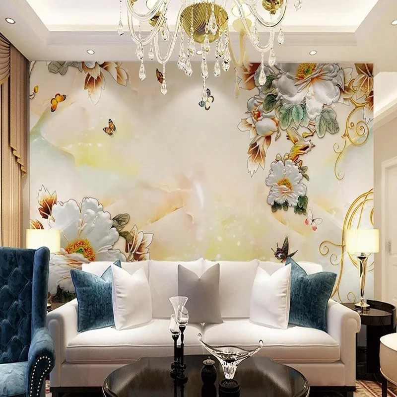 Custom 3D Photo Mural Chinese Style Peony Flowers Carving Wallpaper for Bedroom Living Room TV Background Wall Painting Canvas