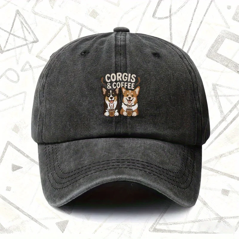 A Vintage Washed Cap Featuring 'Corgis & Coffee', Suitable for Both Men And Women. This Solid Baseball Cap Is Perfect for All Se