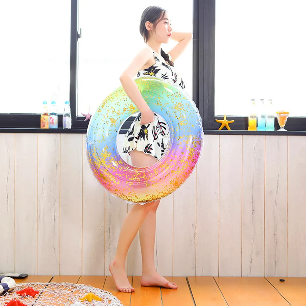 ห่วงยางว่ายน้ำ PVC สีรุ้ง ทนทาน ใช้งานได้จริง สีไล่ระดับ ประดับเลื่อม กึ่งโปร่งแสง ลอยน้ำในสระ สนุกสนานในฤดูร้อน ของตกแต่งงานปาร์ตี้สำหรับเด็ก