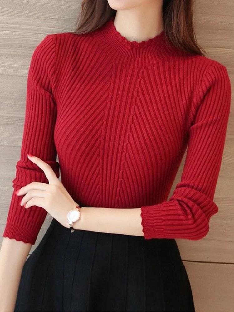 

2025 Autumn Women Mock Neck Ruffles Sweater Long Sleeve Knitted Bottoming Solid Pullovers Stripe Women Casual Sweater Winter