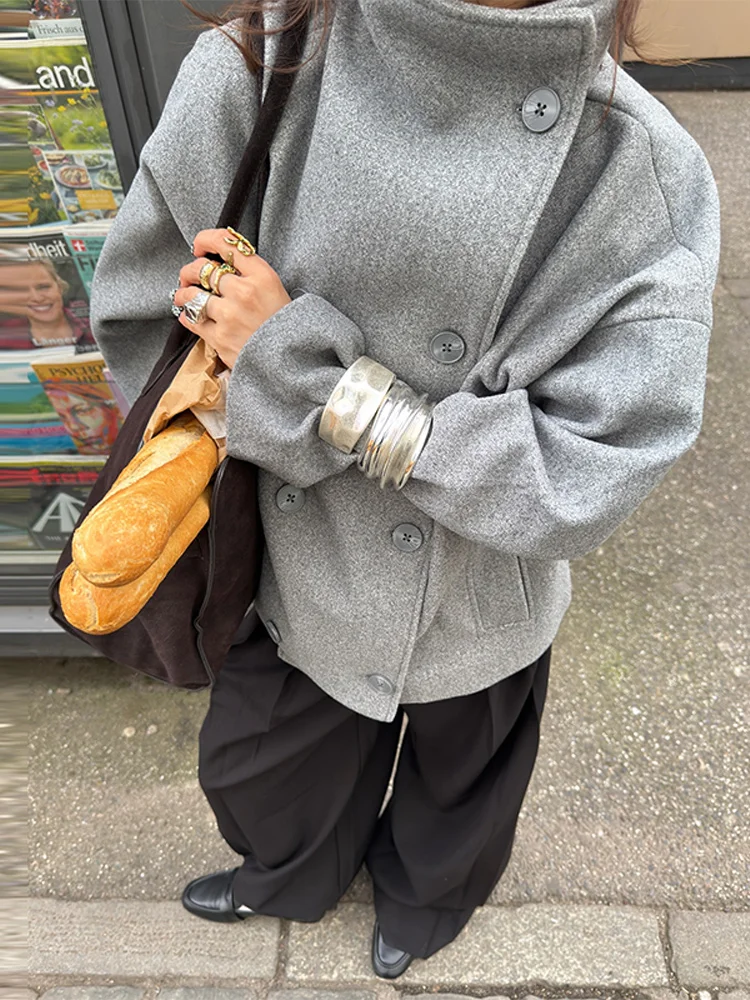 

Elegant Women's Coat High Stand Collar Full Sleeve Double Breasted Solid Female Coats 2025 Autumn Fashion High Street Lady Top