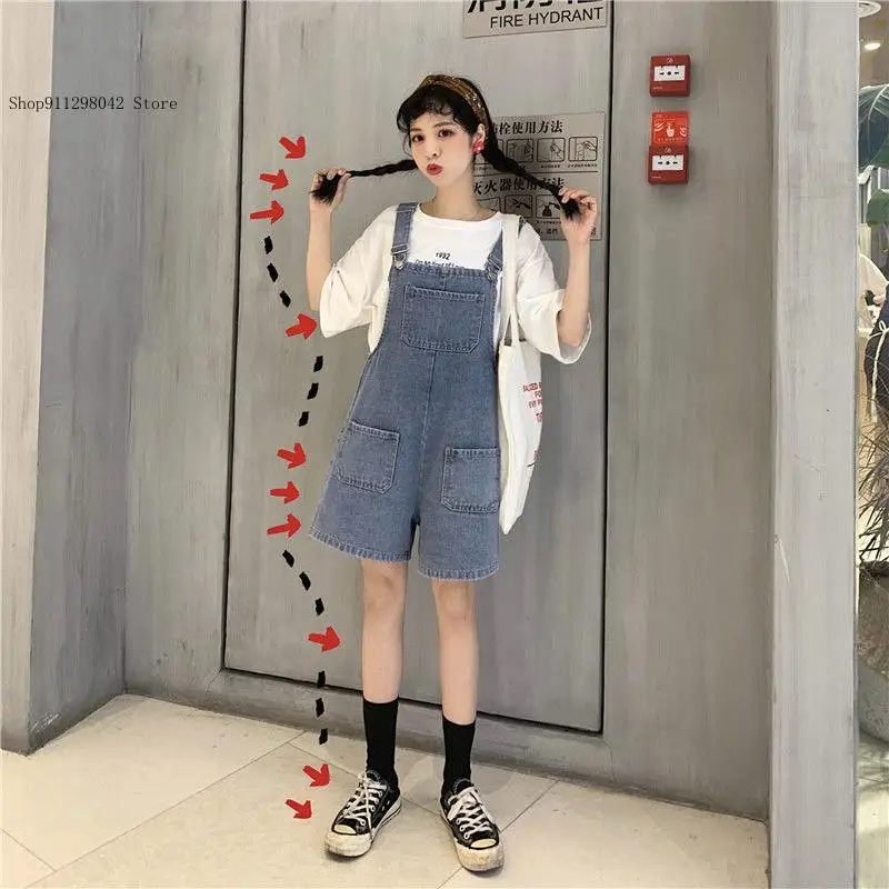 Summer and Autumn Thin Casual Loose Overalls Korean Version Student Jumpsuit Wide Leg High Waist Short Jeans Women