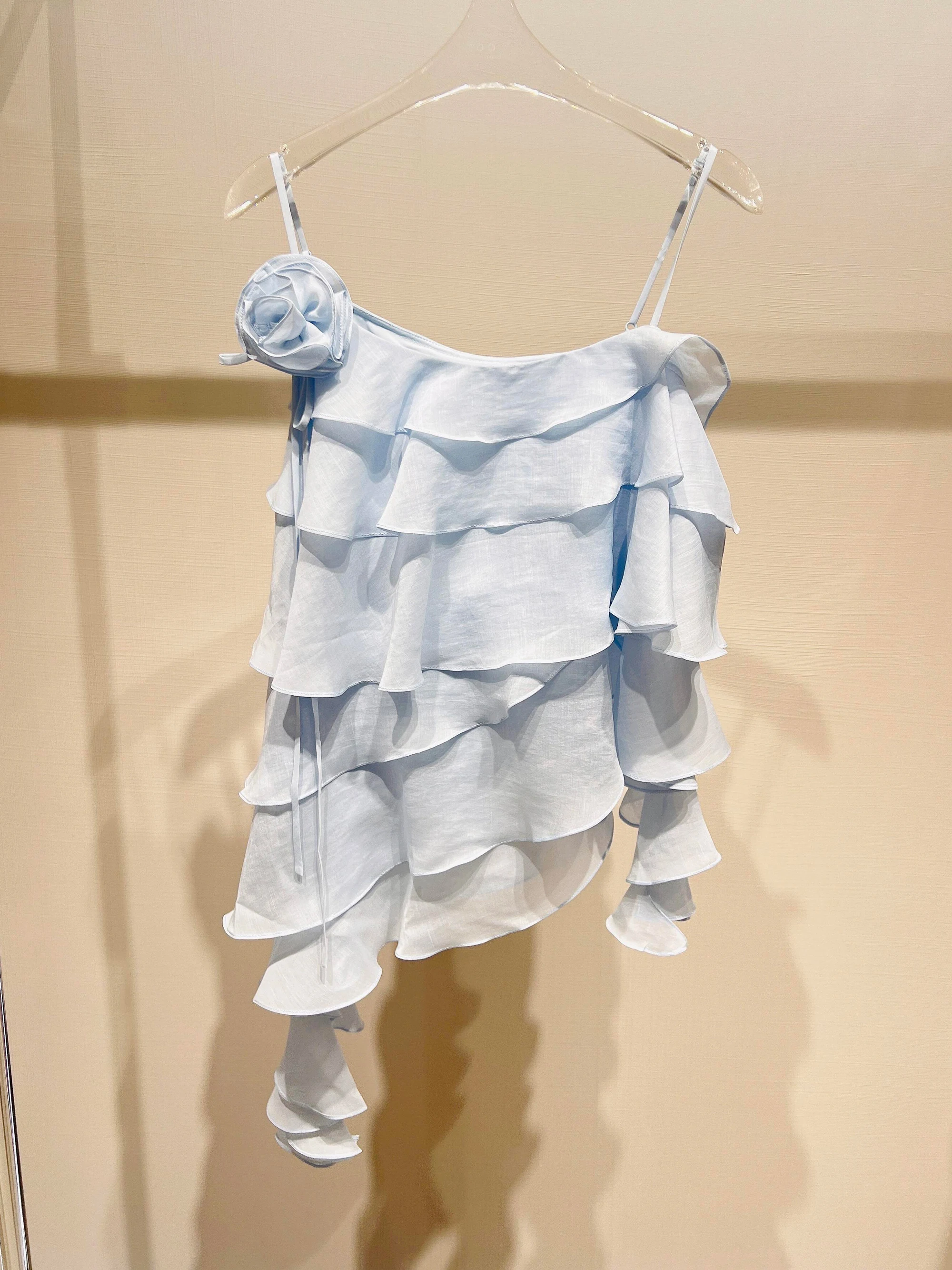 

Blue Chiffon Strap Vest Women Summer Beautiful Sexy Girl Top Korean Unique Lovely Lace Trim Cake Bustier Loose Fit Outerwear