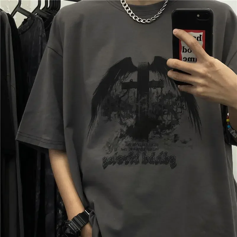 Y2K Emo Men Summer Oversized T-Shirt Korean Harajuku Tshirt Streetwear Dark Academia Hip Hop Alt Long Sleeved T Shirts Clothes