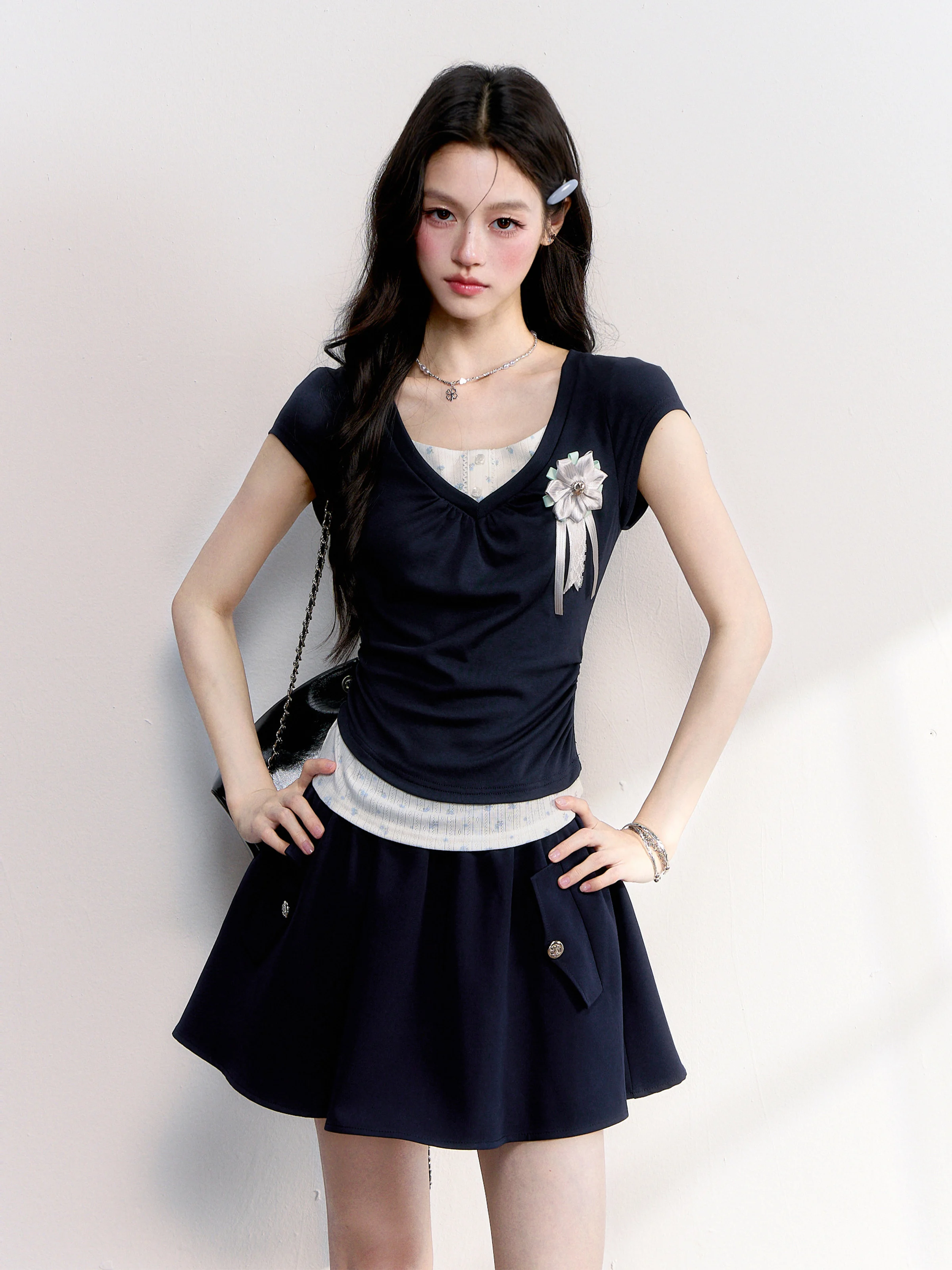 Fragile Heart Korean Style College Wind Color Block Floral Pleated Short Sleeve T-Shirt Women's Summer Breathable Slim Fit T-...