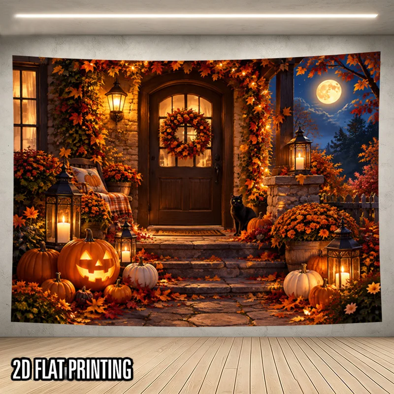 Halloween Porch Tapestry, Pumpkin Lantern Black Cat Autumn Leaves Full Moon Cottage Door Wall Hanging for Bedroom Dorm Living