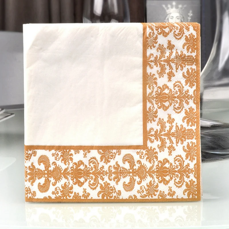 100 guardanapos descartáveis do papel do tecido da guardanapo da impressão do ouro dos pces para restaurante e hotel (dourado + branco)