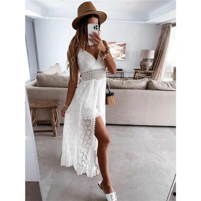 Women Lace Boho Style Long Dress Solid Color Deep V-neck Sleeveless Beachwear High Waist A-Line Summer Wild Sling Dress For Lady