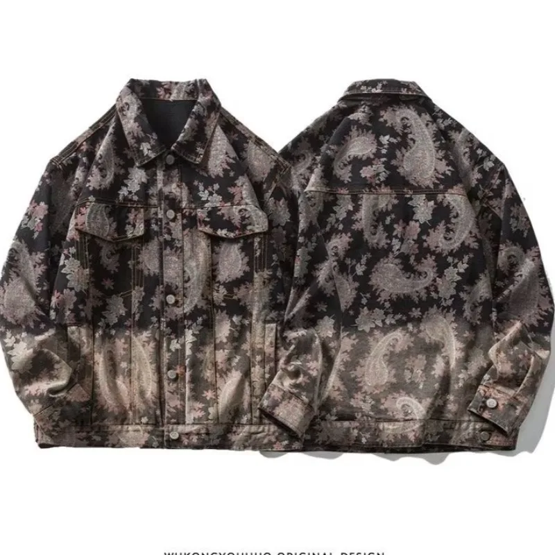 

Streetwear Hip Pop Retro Cashew Flower Denim Jackets Men's Clothing 2025 Spring Fashion Outerwear Loose Casual Lapels Jacket Men