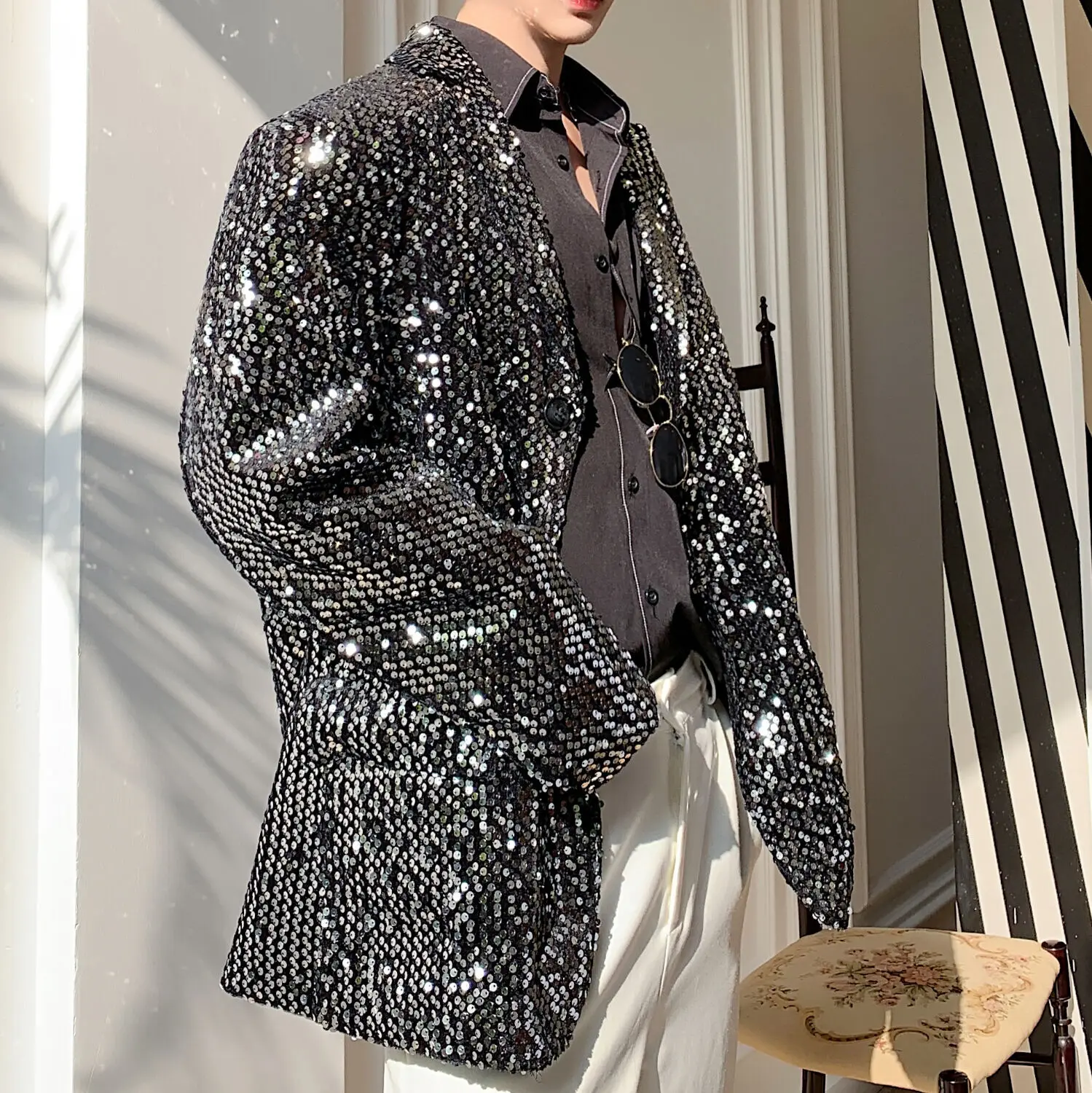 Sequin Blazer Hombre Stage Show Blazer Jacket Outerwear Men Sequins Casual  Suit Jacket Overcoat Male Silver Paillette Blazer