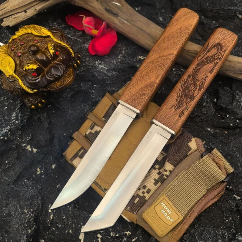 2Pcs Fixed Blade Collectible Display Knife Set, Natural Wood Handle Hand Craft Decor Tool for Collection