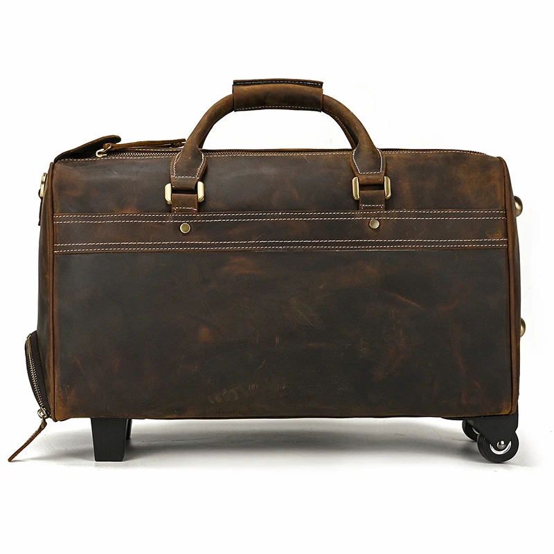 Large genuine leather luggage bag wheels duffle bag trolley case hand luggage with rolls men women leather Trolley Case flights