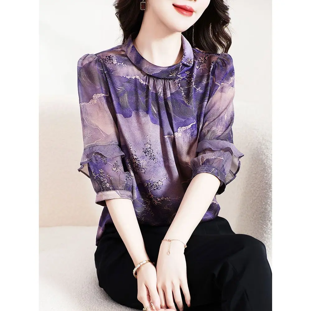 

New Summer Mid Sleeve Elegant and Gentle Lace Print Top for Women Stylish Loose Fit Chiffon Blouse