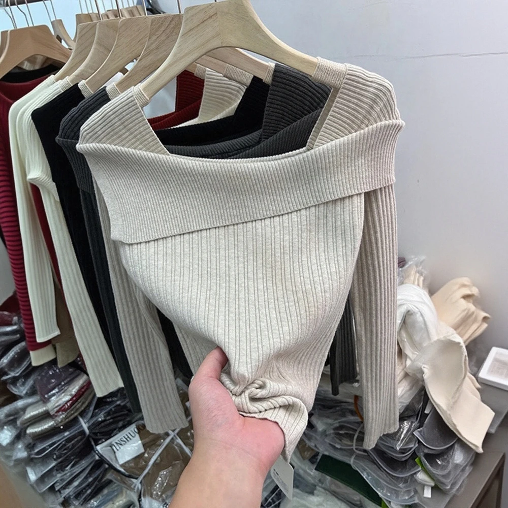 

Осенние футболки 2025 г., женские однотонные базовые футболки с длинными рукавами и открытыми плечами, облегающие повседневные базовые футболки