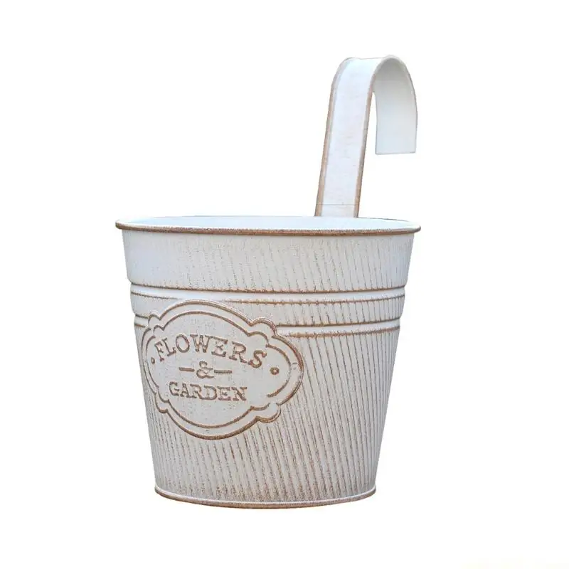 QX2E Metal Hanging Flower Pot with Raised Front Plaque for Balcony Display
