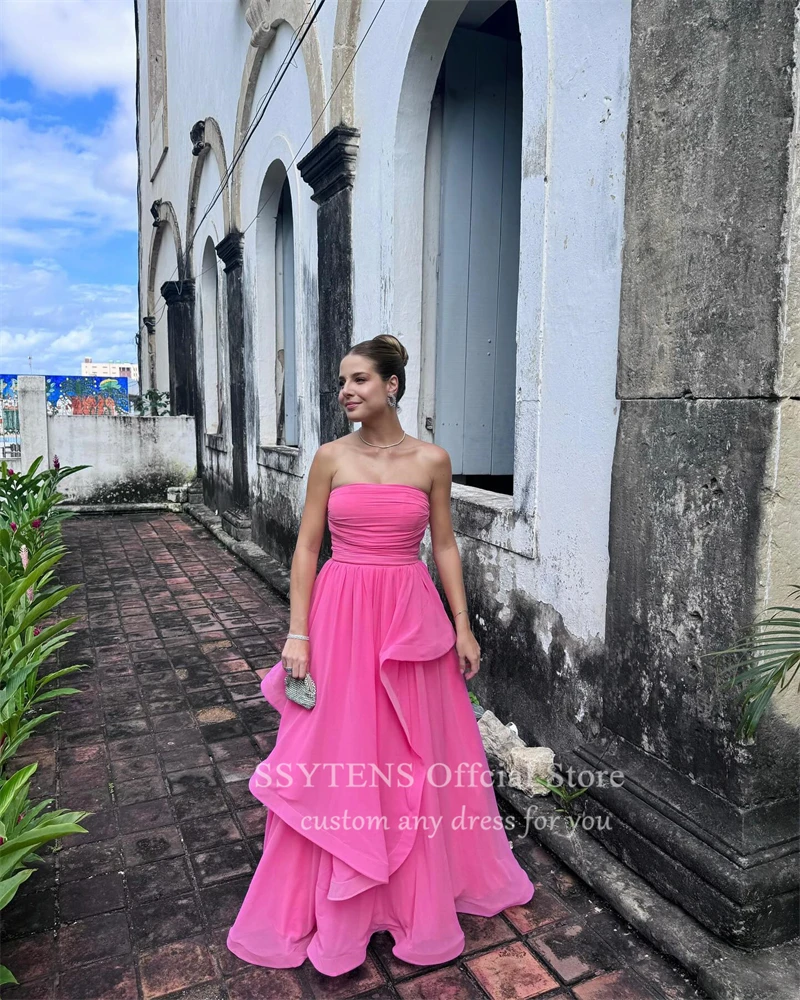 Elegant Hot Pink Ruffles Prom Dresses Strapless Floor Customized Formal Evening Dress Saudi Arabia Women Special Party Gowns