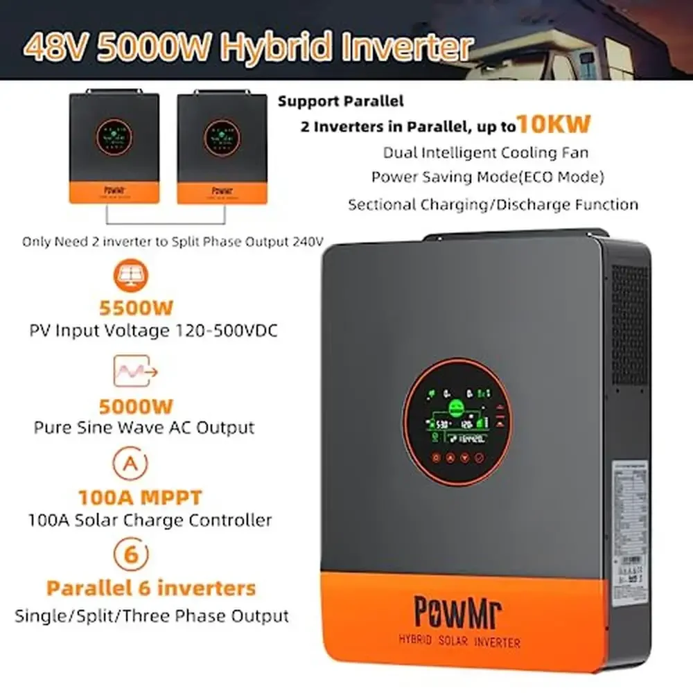 5000W Solar Inverter Pure Sine Wave Power Inverter with 100A MPPT Controller 48V DC to 110V/240V AC Split Phase Support Dual