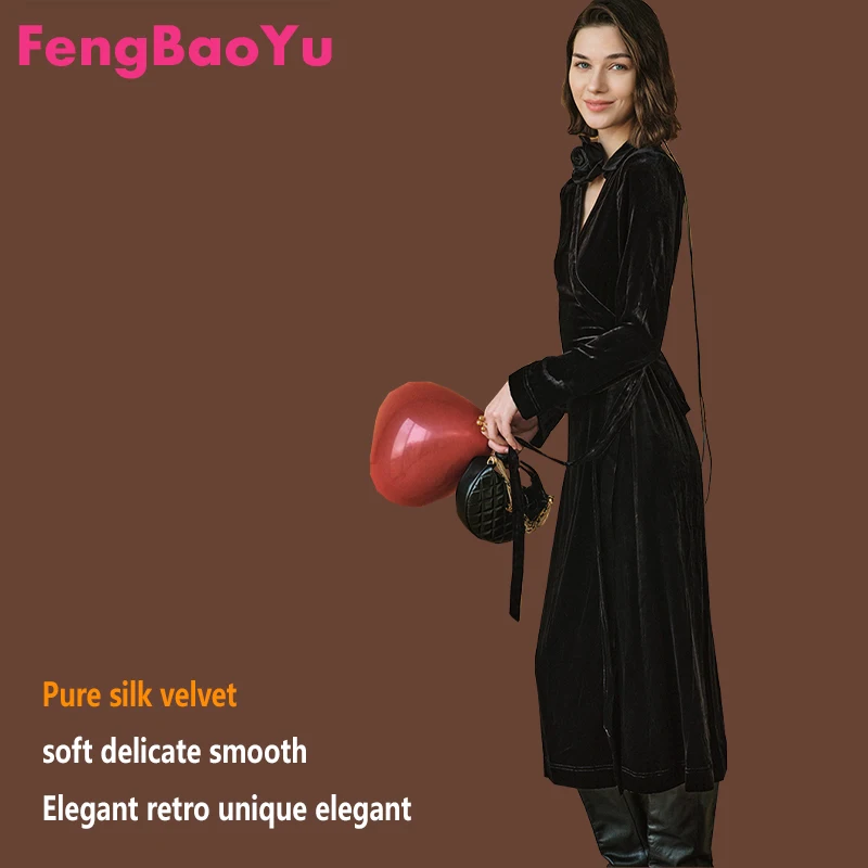 

Роскошное женское платье из 100% шелка и бархата — платье с V-образным вырезом и длинными рукавами с завязками на талии — элегантное и шикарное повседневное платье — удобное
