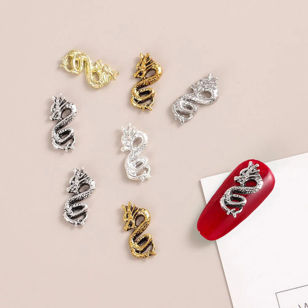 10Pcs Dragon Nail Charm Gold Silver Retro Alloy Nail Decoration Cute Cartoon Jewelry Accessories New Year 2024 Manicure Parts