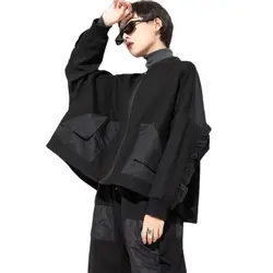 Autumn Spring 2024 Ruffles Patchwork Pockets Zipper Jacket Women New Black Vintage Long Sleeve Loose Causal Coat Fashion Clothes