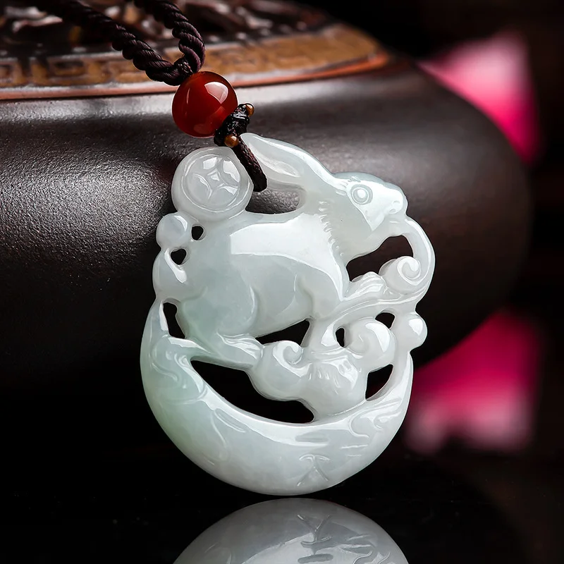 Natural Burmese A+ Jade Ice Hand-carved Zodiac Moon Rabbit Emerald Fashion Accessories Men Women Couples Send Certificate Gift