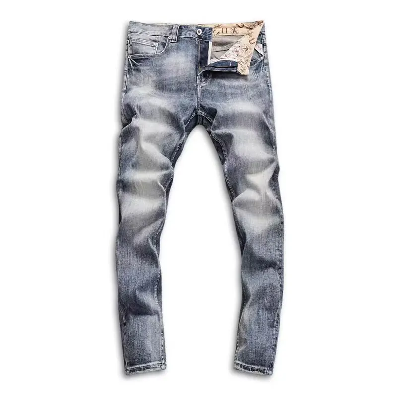 Italian Style Fashion Men Jeans Retro Washed Blue Elastic Slim Fit Ripped Jeans Men Trousers Vintage Designer Denim Pants Hombre