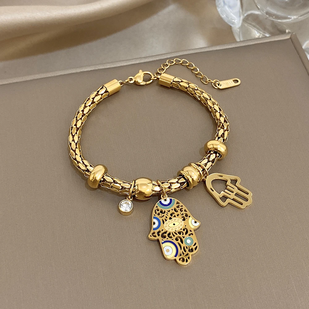 

Retro Golden Stainless Steel Thick Chain Bracelet Women Ethnic Style Eye Palm Pendant Charm Bracelet Waterproof Jewelry Gift