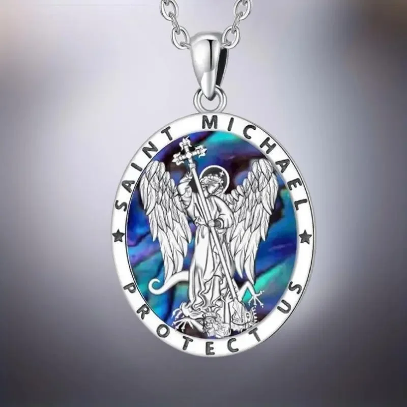 Classic Jesus Medal Abalone Shell Necklace For Men Catholic Medal For Women Archangel Raguel/Uriel Amulet Gift For Friend