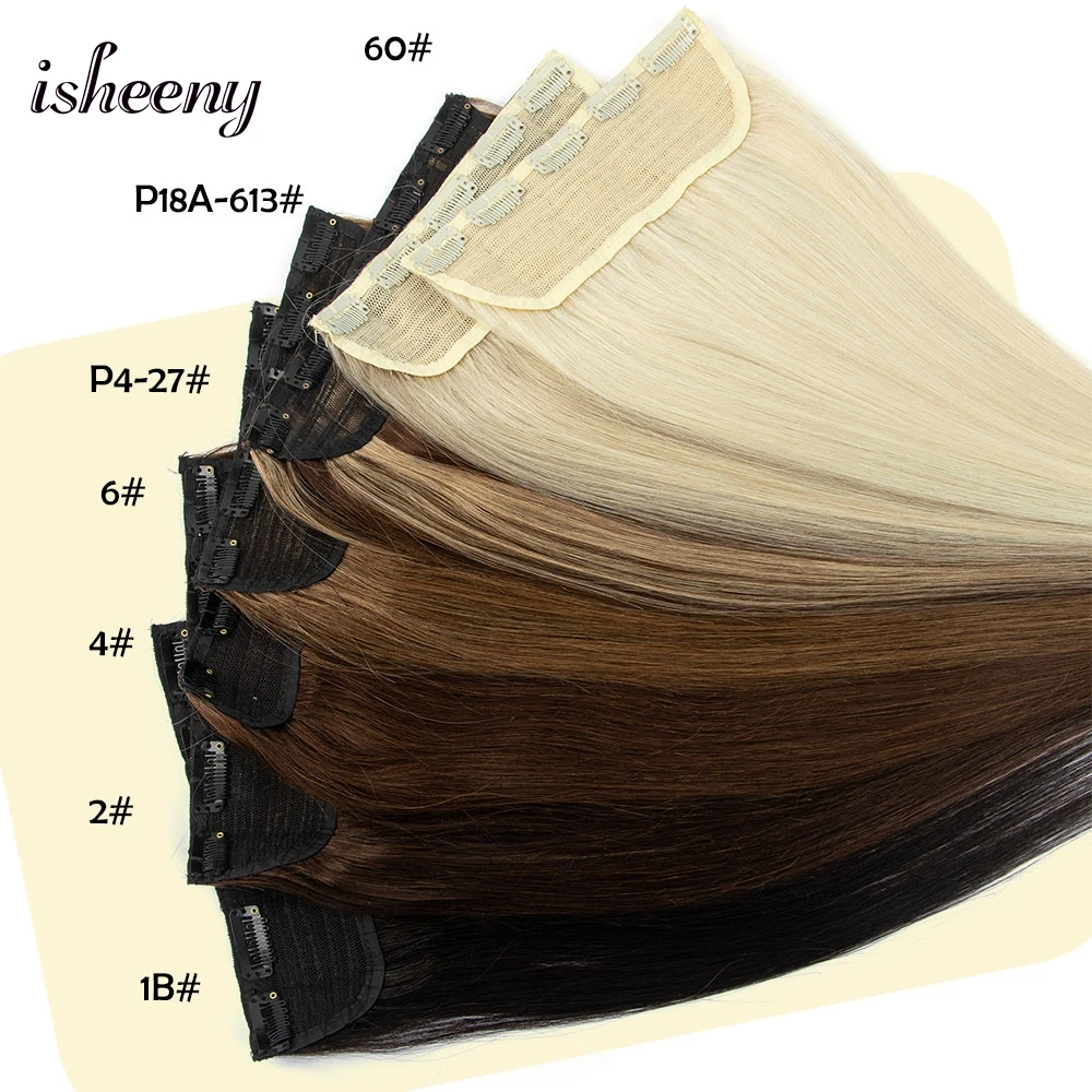مشبك من قطعة واحدة من Isheeny في الشعر البشري 14-22 بوصة خفيف الوزن ومشبك طبيعي حقيقي في وصلات الشعر الخياطة في اللحمة مع مشابك على #3