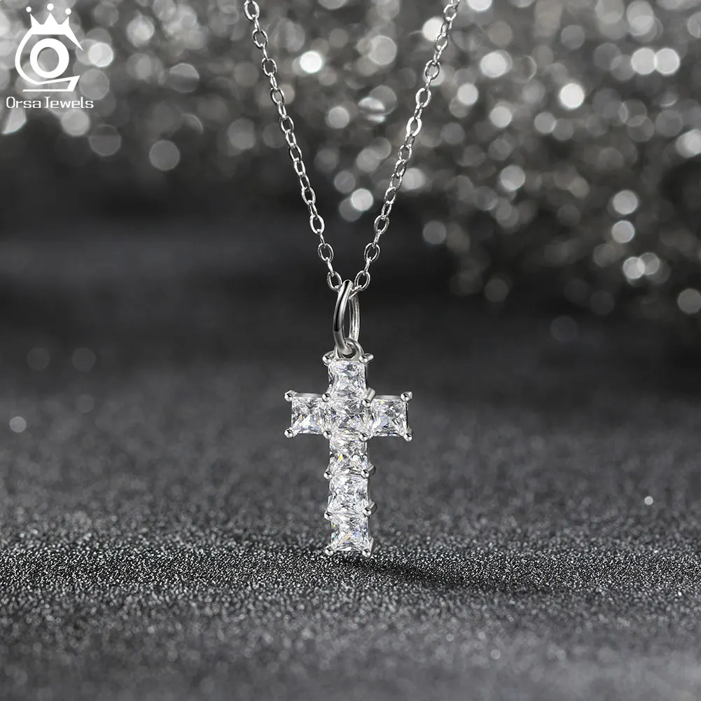 ORSA JEWELS Zirconia CZ Cross Pendant Necklace Earrings 925 Sterling Silver Rhodium Plated O Chain Beaded Cross Jewelry LZN12