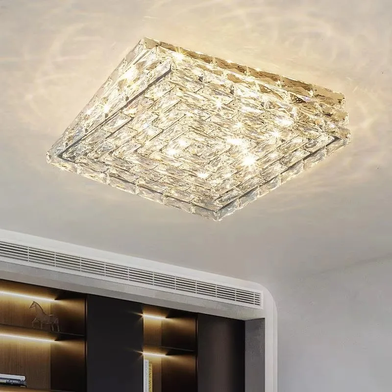Modern European Stainless Steel LED Ceiling Light Luxury Rectangular Crystal Hotel Lobby Dining Room Living Room Ceiling Light