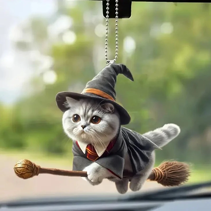 New Double-sided Thickened Magic Cat Car Pendant Halloween Car Charm Christmas Tree Ornament Car Interior Decoration Pendant