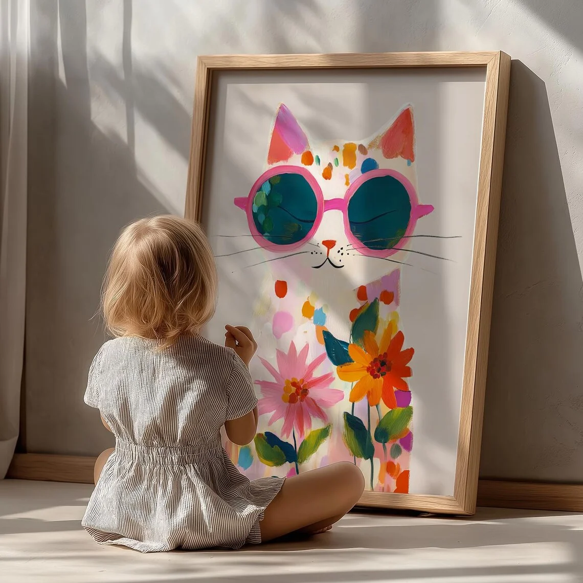“Colorful Boho Cat Wall Art: Playful Polka Dot Kitten in Pink Sunglasses with Floral Accents – Vibrant Abstract Watercolor Print view 3