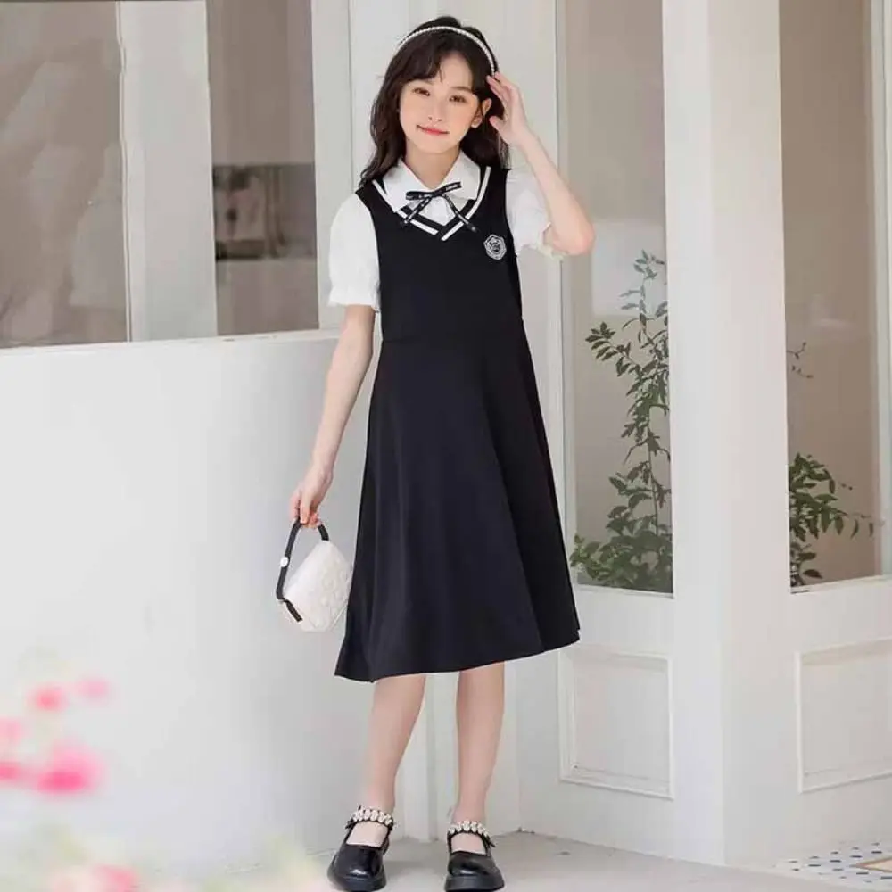 

Pleated Girls False Two Dress Preppy Style Short Sleeve Summer Kids Dresses Teenagers Beach Vacation Children A-line Dress Beach