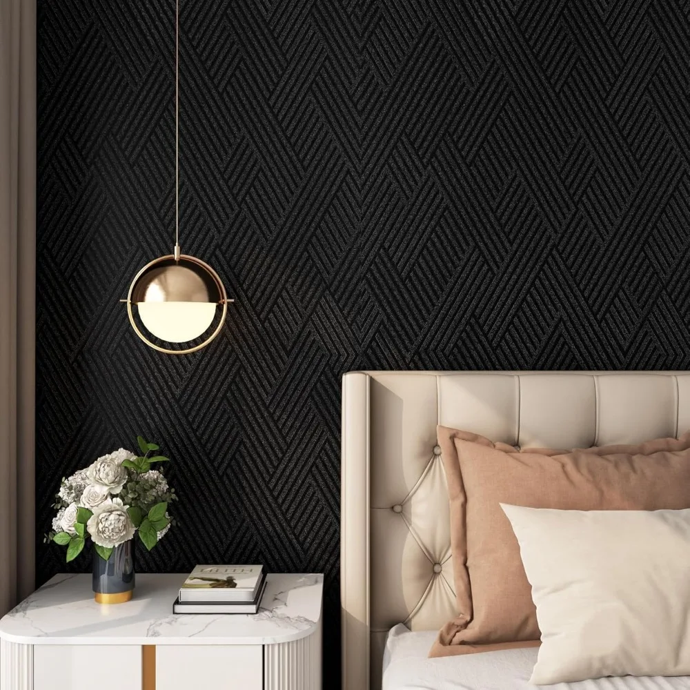 ورق جدران أسود هندسي مقاوم للماء قابل للتقشير واللصق للحمامات والمطابخ، ورق اتصال خزانة مزخرف يدوم طويلاً