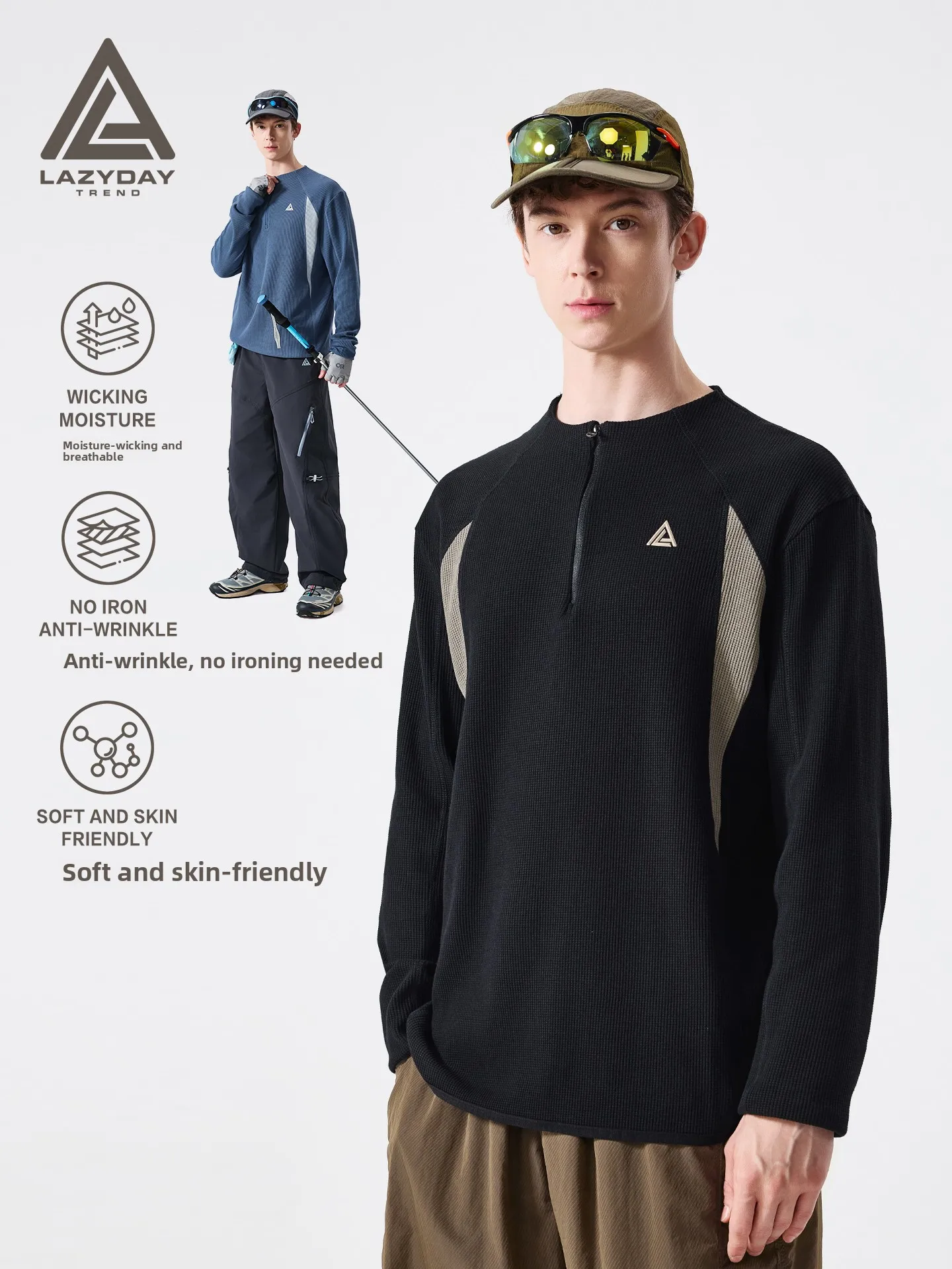 LAZY DAY Men's Quick Dry Long Sleeve T-Shirt Outdoor Hiking Sportswear Anti-Wrinkle Moisture-Wicking Loose Fit Autumn Top