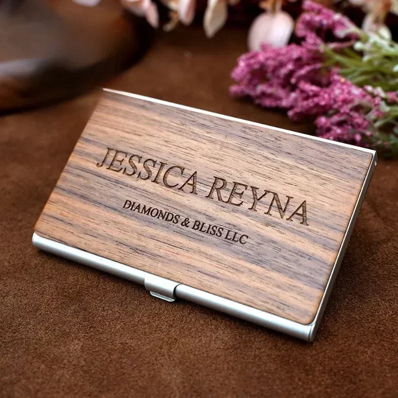Personalized LOGO Wooden Metal Company Business Card Case Box Holder Custom Walnut Wood Clip Laser Engrave Name Number Cardcase