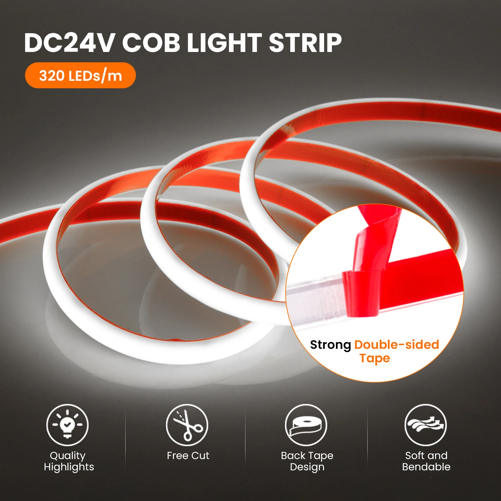 12V 24V IP68 Waterproof COB Neon Strip Hight Bright 320Leds/M Yellow/Pink/Red/White/Ice Blue/Pink Flexible Ribbon Rope LED Light